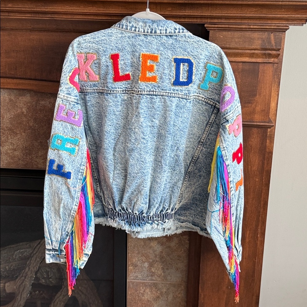 Stonewash denim jacket rainbow fringe BiBi Freckled Poppy XL pride cowgirl NWT - Picture 13 of 14